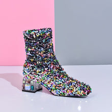Load image into Gallery viewer, Women&#39;s Mid Heel Sequined Stretch Square Toe Booties
