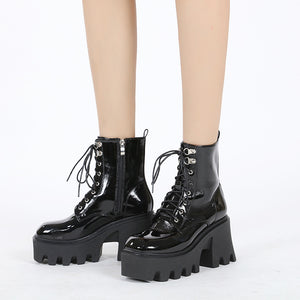 Lace-up Patent Leather Platform High-heeled Short Boots
