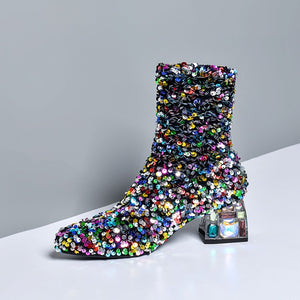Women's Mid Heel Sequined Stretch Square Toe Booties