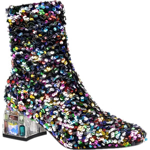 Women's Mid Heel Sequined Stretch Square Toe Booties
