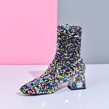 Load image into Gallery viewer, Women&#39;s Mid Heel Sequined Stretch Square Toe Booties
